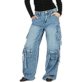 Forever 21 Womens High-Rise Wide-Leg Utility Cargo Jeans