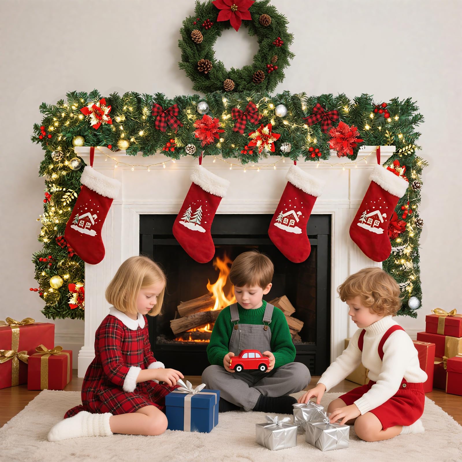 Photo 1 of 9FT Christmas Garland Decorations, Pre-Lit Christmas Garland with 60 LED Lights, Garlands for Mantle with Pine Cones, Flower, Berries, Bows, Ball, Leaves, Indoor & Outdoor Christmas Decor