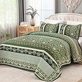 Yiran Quilts Queen Size, Spring Summer Olive Green Bedspreads Bedding Set, Lightweight Boho Vintage Bohemia Coverlet Set with 2 Shams for Bed 96x90 Inch