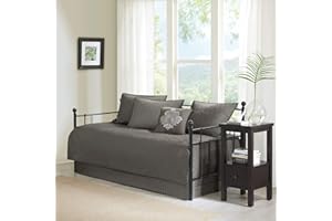 Madison Park Cotton Daybed Cover Set-Double Sided Quilting Classic Cottage Design All Season Bedding with Bedskirt, Matching Shams, Decorative Pillow, 75"x39", Quebec Dark Grey 6 Piece