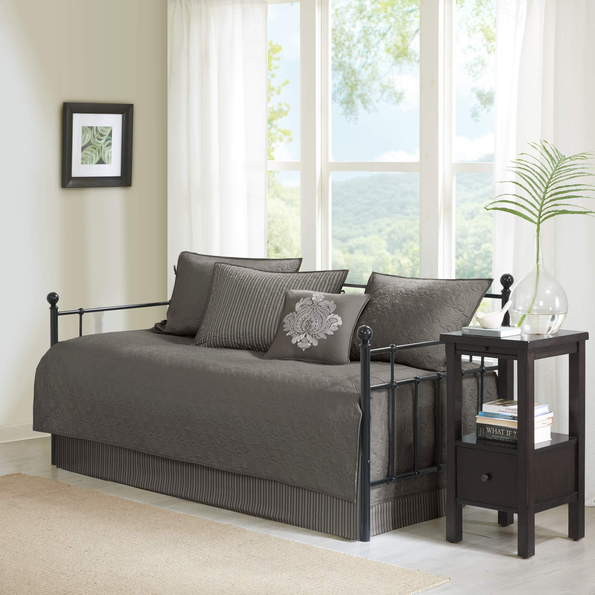 Photo 1 of Madison Park Cotton Daybed Cover Set-Double Sided Quilting Classic Cottage Design All Season Bedding with Bedskirt, Matching Shams, Decorative Pillow, 75"x39", Quebec Dark Grey 6 Piece