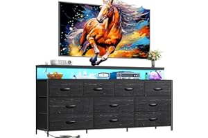 EnHomee 55" W Dresser for Bedroom with 10 Drawers Long Dresser with LED Lights & Power Outlets Wide Dressers & Chests of Drawers Large Dresser for Bedroom Dresser Metal Frame, Wood Top, Charcoal Black