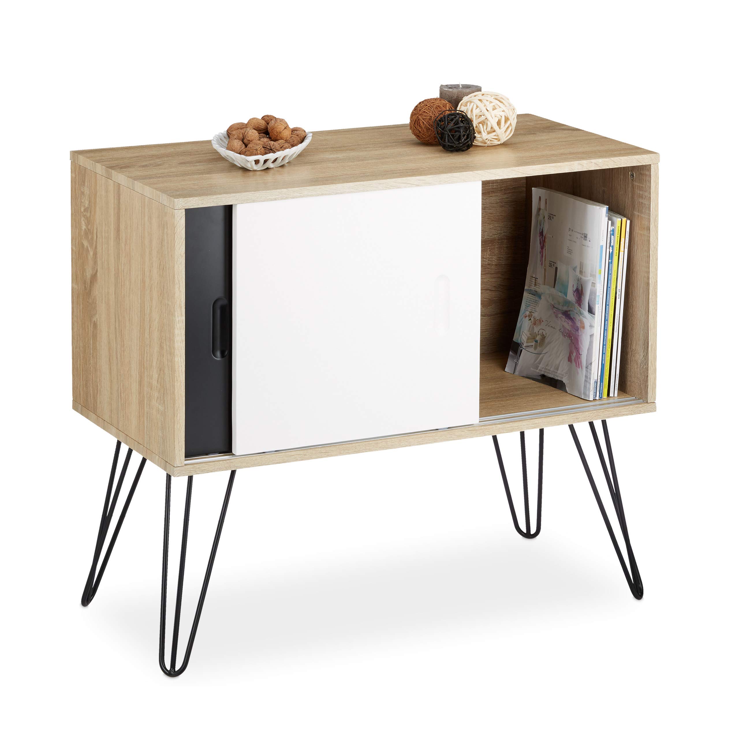 Relaxdays Retro Sideboard, 60s Design, Wood and Metal, Console Table, Scandinavian, HxWxD: 70 x 80 x 40 cm, Black White