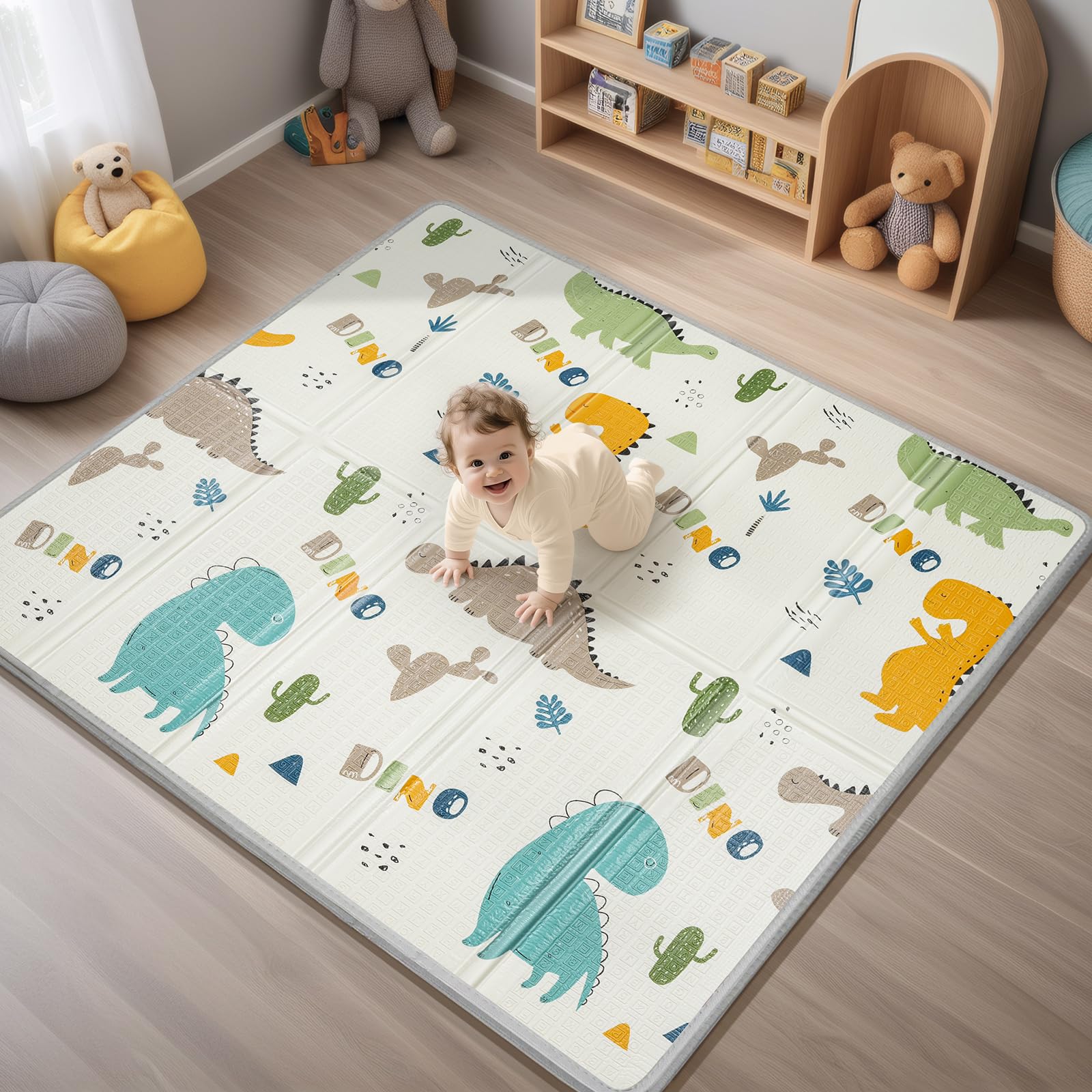 Photo 1 of Foldable Baby Play Mat, PIGLOG Waterproof Playmats for Babies and Toddlers Kids, Safe Foam Playmat for Tummy Time, 50x50 Playpen Mat, Reversible Portable Baby Floor Mat for Infant, Toddler, Dinosaur