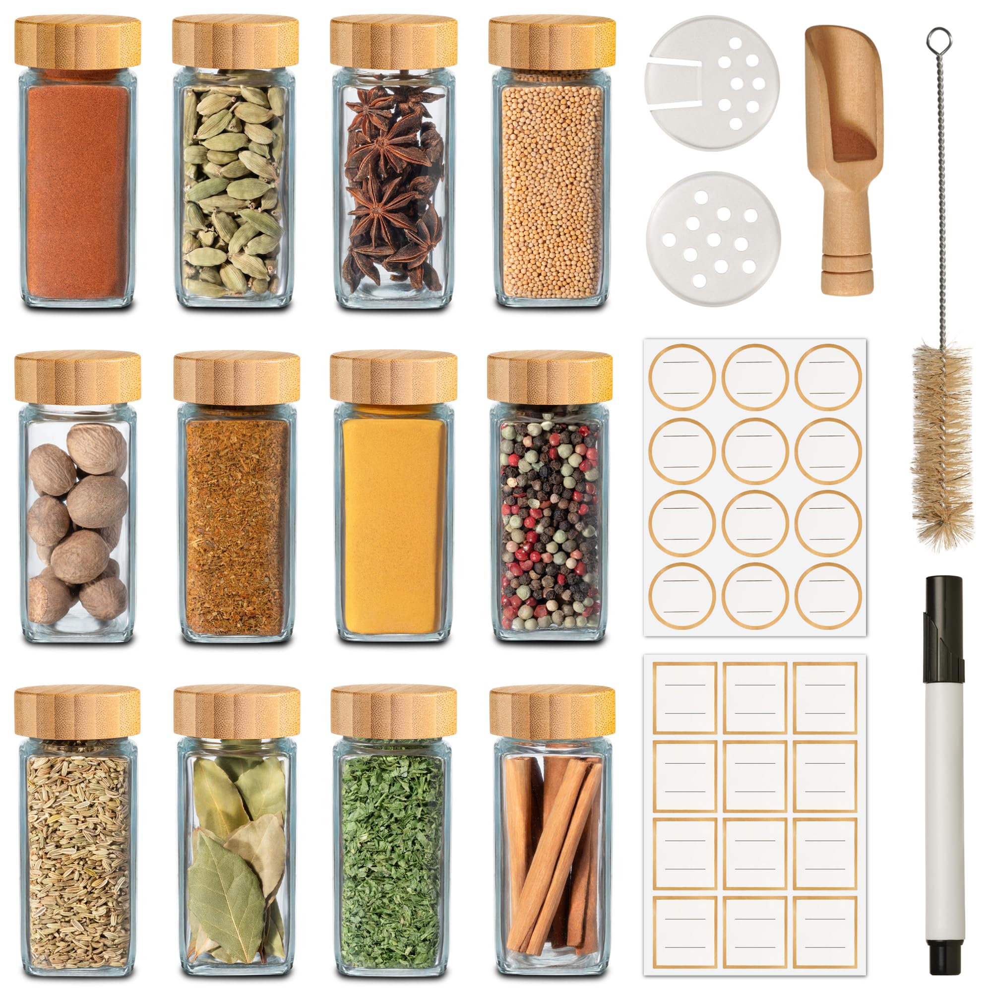 Praknu Square Spice Jars with Bamboo Lids - 12 Glass Spice Organiser 120ml - Seasoning Container with Sprinkle Insert - Incl. labels for Labelling, Cleaning Brush & Wooden Spoon