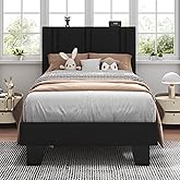 Feonase Twin Platform Bed Frame, Fabric Upholstered Wingback Bed Frame, Solid Wood Slats & Heavy Duty Feet Support, No Box Spring Needed, Noise-Free, Easy Assembly, Black