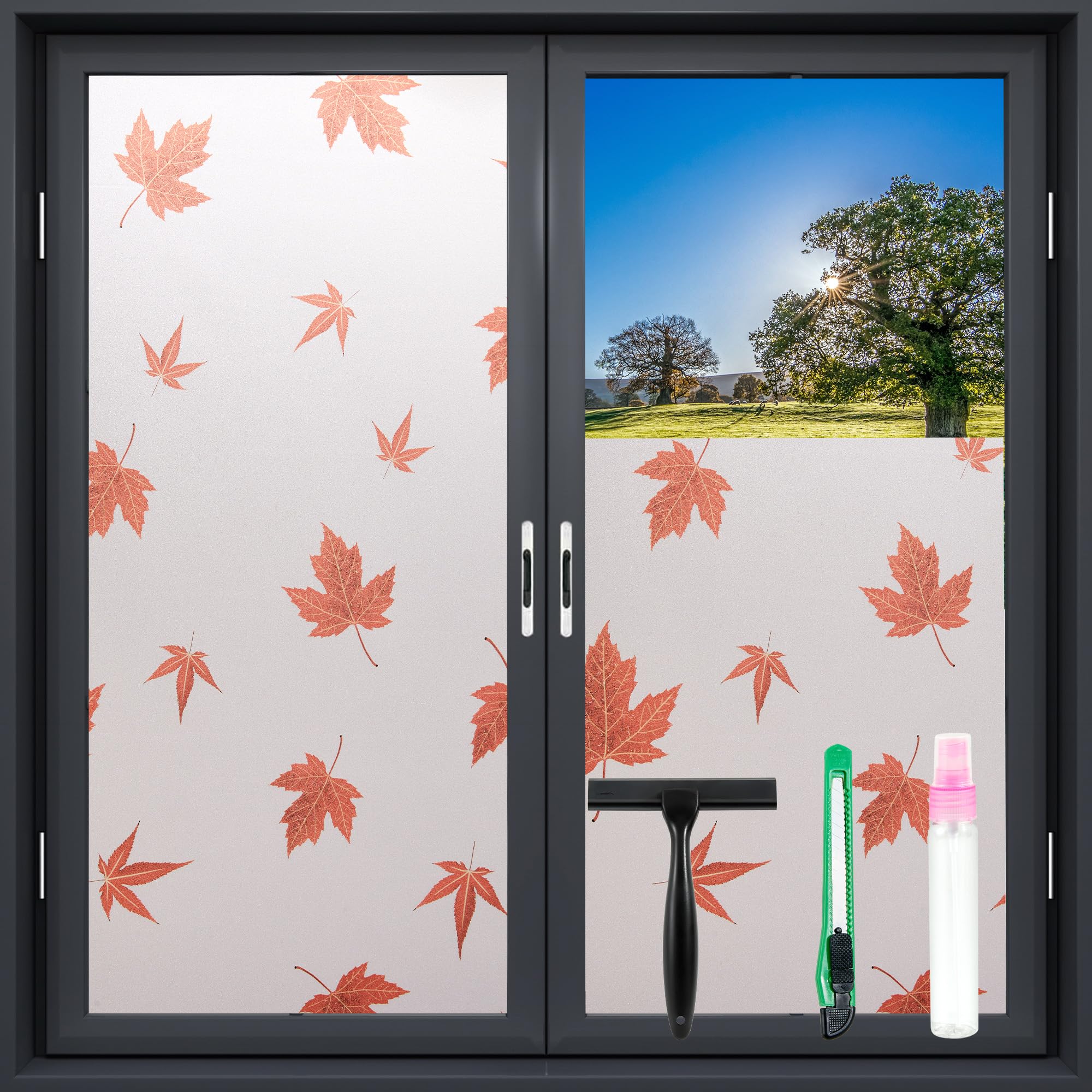 Photo 1 of Frosted Glass Window Film,Window Privacy Film with 3 Tools,Static Clings UV Protection Sun Blocking Window Tint Kit for Home Bathroom and Office. (Maple Leaf Red, 17.5Inch×78.7Inch)
