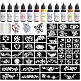 PFARRER Temporary Tattoos,henna tattoo kit,DIY 12-Color Fake Tattoo Ink Kit | fake tattoos, for kids, waterproof,12 colors,49 Big Pcs Stencils, natural pigments,Halloween, Christmas, body paint