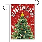 12 x 18 Inches Merry Christmas Tree Garden Flag Decorations, Double Sided Vertical Holiday Yard Flag with Star Topper and Snowflakes, Red Background with Ornaments, Indoor Outdoor House Patio Décor Party Supplies