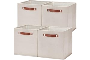 Temary 11x11 Storage Cubes Fabric Storage Cubes Storage Bins with Dual Leather Handles Canvas Storage Boxes for Organizing Home, Shelf, Closet (Beige, 11 x 11 x 11)