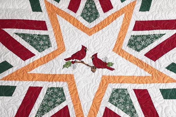 VOHANIDE HANDMADE KING SIZE PATCHWORK QUILT SET WITH EMBROIDERED CARDINAL & STARS – RUSTIC FARMHOUSE COTTON BEDDING – CRIMSON, FOREST GREEN & GOLD – ALL SEASON DECORATIVE QUILT