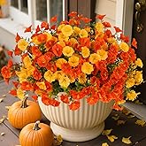 Artificial Fall Flowers for Outdoors, 10 Bundles Fake Faux Fall Flowers UV Resistant Fall Decor Plants for Home Porch Garden Patio Decoration (Orange Yellow)
