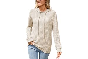 Famulily Women's Long Sleeve Hooded Sweater Soft Ribbed Knit with Drawstring Hood Striped Casual Top for Street Wear