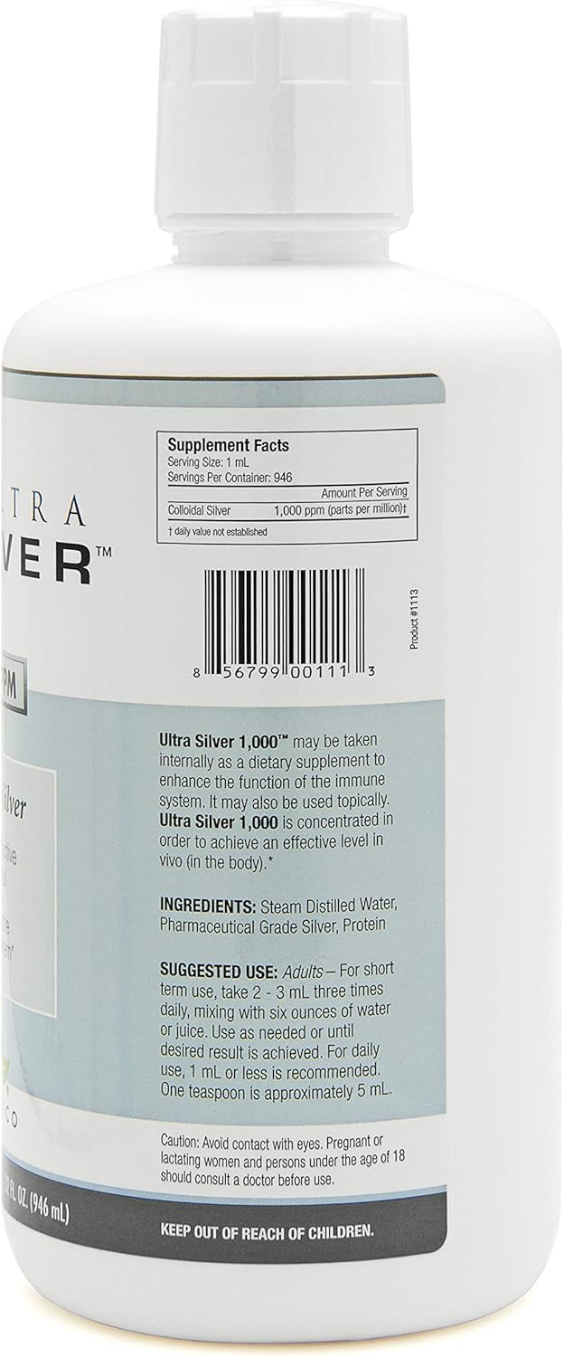 Ultra Silver® Colloidal Silver | 1,000 PPM, 32 Oz (946mL) | Mineral Supplement | True Colloidal Silver - 4 oz Dropper Bottle (Empty) Included for Dispensing!: Health & Personal Care
