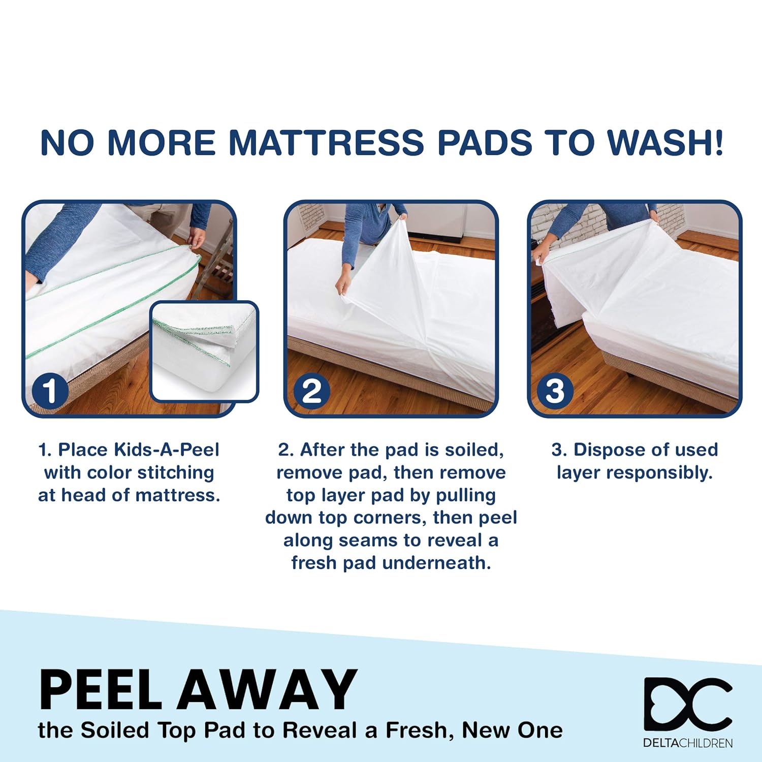 Delta Children Kids-A-Peel Disposable Mattress Pads, 6 Pack, Waterproof, Breathable Soft Bed Pads That Protect Your Mattress, Toddler : Baby