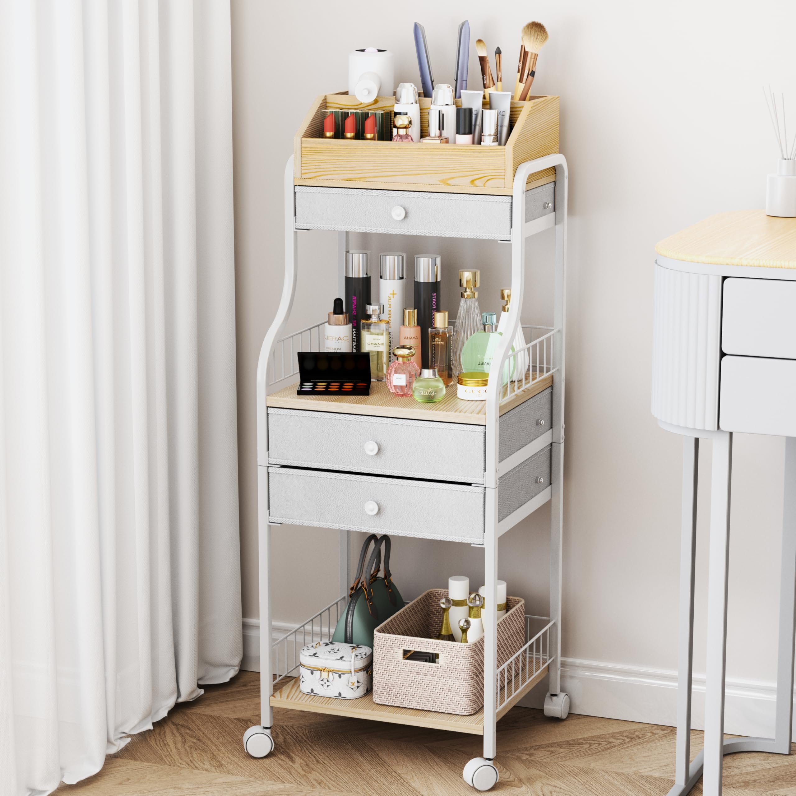 Photo 1 of HapiRm Floor Makeup Organizer Cart - Vanity Skincare Beauty Organizers Makeup Storage with Drawers, Cosmetics Display Cases Holder Nail Cart for Hair Accessories Polish Perfume Make up Brush