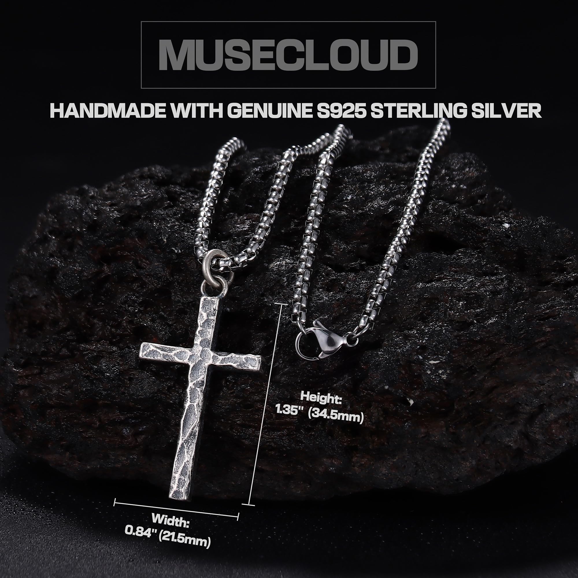 MUSECLOUD 925 Sterling Silver Cross Necklace Men - Oxidized Hammered Cross Pendant with Stainless Steel Box Chain Vintage Unique Crucifix Necklaces Silver Jewelry for Mens Women 18-26 Inches