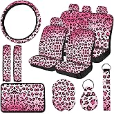 JINGSEN 15 PCS Pink Leopard Print Car Seat Cover Set,Steering Wheel Cover Center Console Armrest Pad Headrest Seat Belt Cover Handbrake Gear Cover Keychain Coasters Full Set for Car SUV