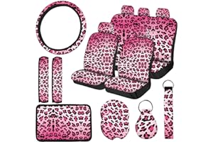 JINGSEN 15 PCS Pink Leopard Print Car Seat Cover Set,Steering Wheel Cover Center Console Armrest Pad Headrest Seat Belt Cover Handbrake Gear Cover Keychain Coasters Full Set for Car SUV