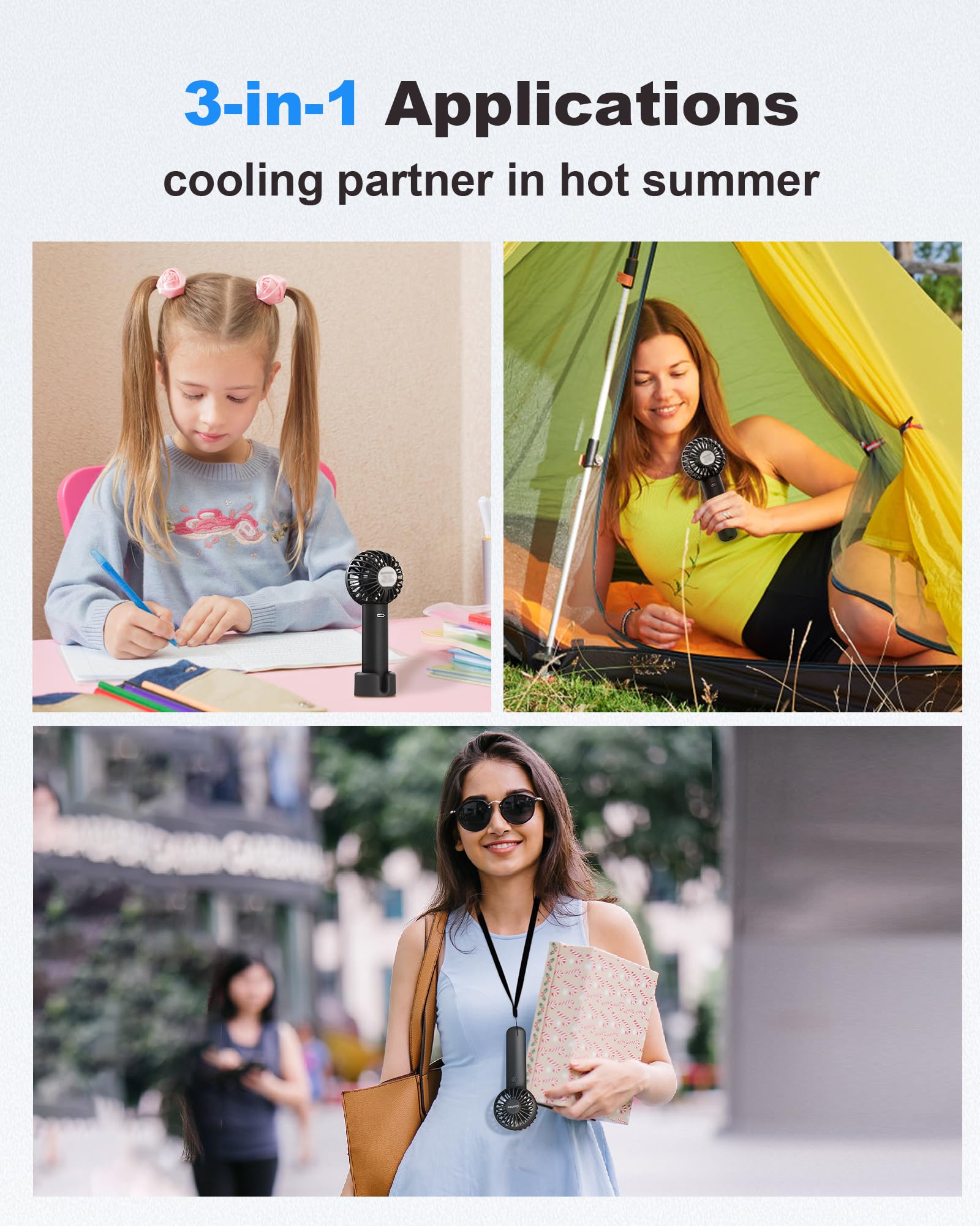 Mini Handheld Fan, Small Cute Design, 3 Powerful Speeds, USB Rechargeable Battery Operated, Personal Portable Fan with Base & Lanyard, for Eyelash Makeup Travel Beach Office Desk, Black