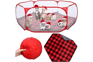 VitalCozy Hamster Playpen with Mat Small Animal Cage Tent Breathable Transparent Guinea Pig Playpen Waterproof Portable Yard Fence Mat Foldable Exercise Cage Outdoor Indoor (Red,Christmas Plaid)