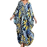 Woxscury Kaftan Dresses Colorful Floral Print Cover Ups Maxi Beach Cover Ups V Neck Batwing Sleeve for Women Swimwear