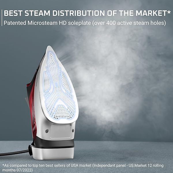 ROWENTA IRON, FOCUS EXCELLENCE STAINLESS STEEL SOLEPLATE STEAM IRON FOR CLOTHES, RETRACTABLE CORD, 400+ MICROSTEAM HOLES, POWERFUL STEAM, LED DISPLAY, 1750 W IRONING CLOTHES, CORDREEL, RED DW5433