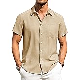 Alimens & Gentle Mens Linen Shirts Short Sleeve Button Down Shirts Wrinkle Free Casual Vacation Beach Summer Tops