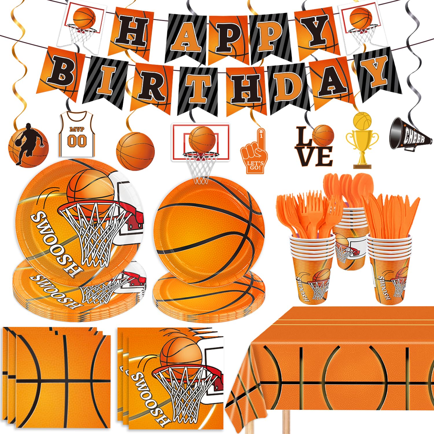 Photo 1 of 178 Pcs Basketball Theme Birthday Party Decorations Basketball Party Supplies Set Include Plates, Napkin, Cup, Fork, Knives, Spoon, Tablecloth, Banner for Kids and Adults, Serves 24 Guests