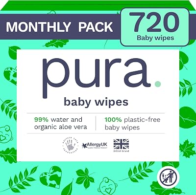Pura Eco Friendly Baby Wipes 12 Pack 720 Biodegradable 99% Water Plant Fibres