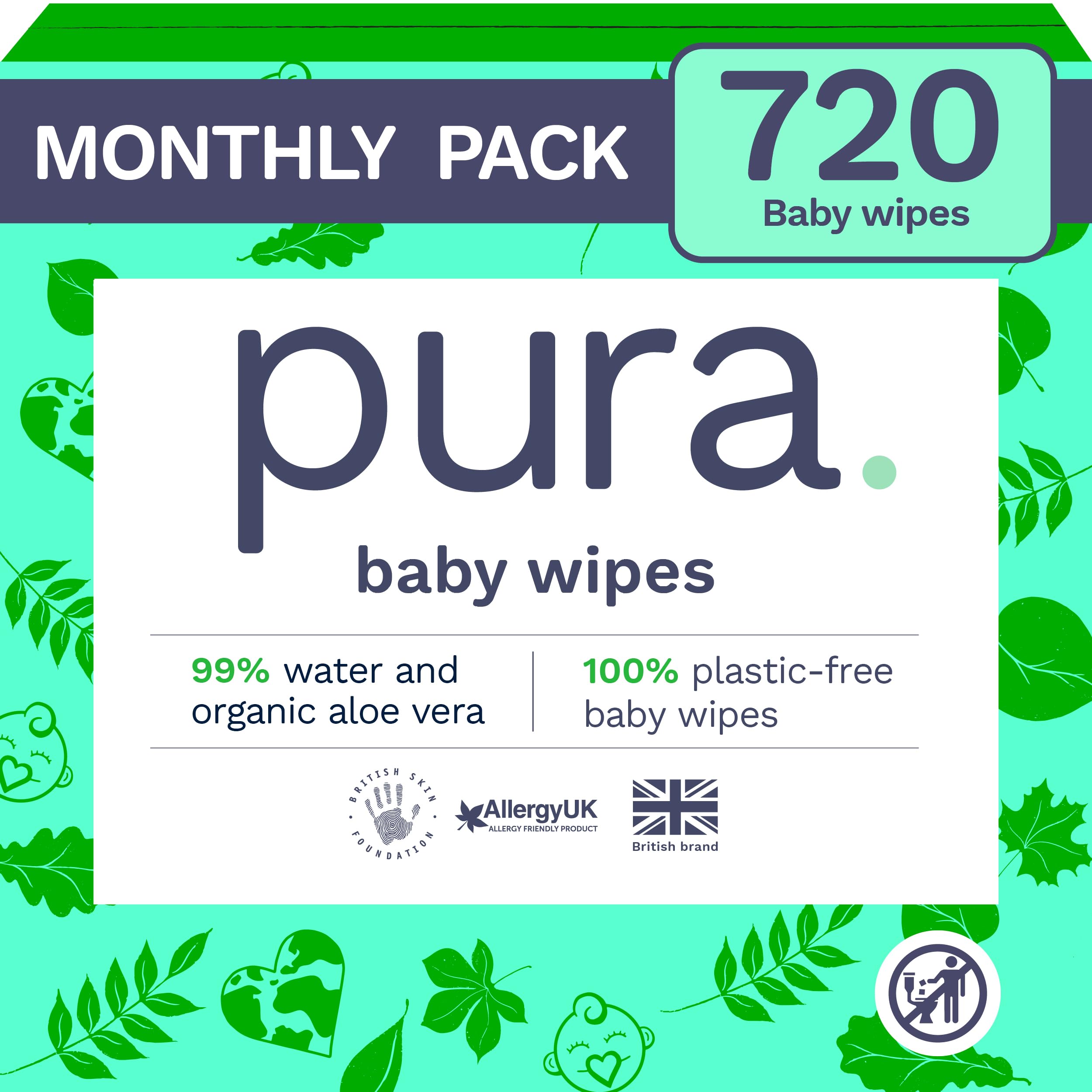 Pura Eco Friendly Baby Water Wipes 12 x 60 per pack, (720 Wet Wipes) 100% Plastic Free, 99% Water, Biodegradable, Compostable, Vegan Monthly Pack, Suitable for Sensitive & Eczema Prone Skin