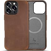 Belemay Compatible with iPhone 16 Pro Leather Case, Compatible with Magsafe, Premium Crazy Horse Leather [Vintage Aesthetic] Comfort Grip, Metal Buttons & Camera Bump Frame, (6.3") Classic Brown