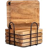 WLWNWFT Acacia Wood Coasters Square for Drinks Tabletop Protection with Holder Set of 6, Wooden Coaster for Coffee Table Dining Table Desk Rustic Coasters for Home Office Christmas Decor 4 Inch