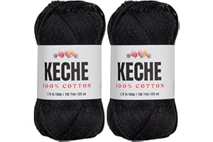 KECHE Cotton Yarn - 100% Cotton Yarn for Crocheting and Knitting, Mercerized Cotton Amigurumi Yarn Fine-Sport 2 1.76 oz (50g) / 136 Yrds (125 m) 2 Skeins - Black