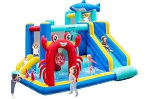 VIVOHOME 7 in 1 Bounce House for Kids, Sea Theme Inflatable Bouncy Castle with Slide, 12x10 FT Inflated Bouncer for Outdoor with Blower, Basketball, Climb, Jump Area, Ball, Water Pool, Hoop