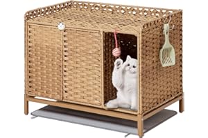 SETVSON Cat Litter Box Enclosure Furniture with Divider, Handwoven Rattan Litter Box with Mat, 31.2 x 19.6 x 24.2 Inches, Metal Heightened Feet, Hidden Cat House for Living Room, Bedroom (Natural)