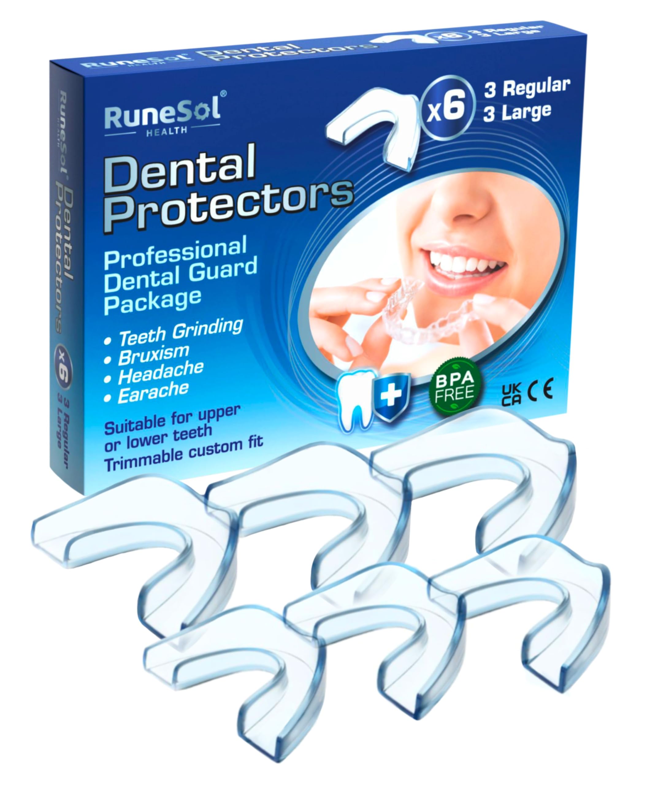 Runesol Mouth Guard for Grinding Teeth, 6 x Mixed, Gum Shield for Teeth Grinding, Bruxism Mouthguard, Night Tooth Guard for Adults, Stop Grinding Dental Protector, Class 1 Medical Device UKCA CE
