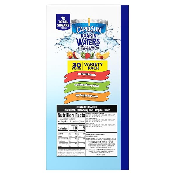 CAPRI SUN ROARIN’ WATERS FLAVORED WITH OTHER NATURAL FLAVOR WATER BEVERAGE, 30 POUCHES, FOR SCHOOL LUNCHES AND ON-THE-GO HYDRATION, FRUIT PUNCH, STRAWBERRY KIWI AND TROPICAL PUNCH, 6 FL OZ