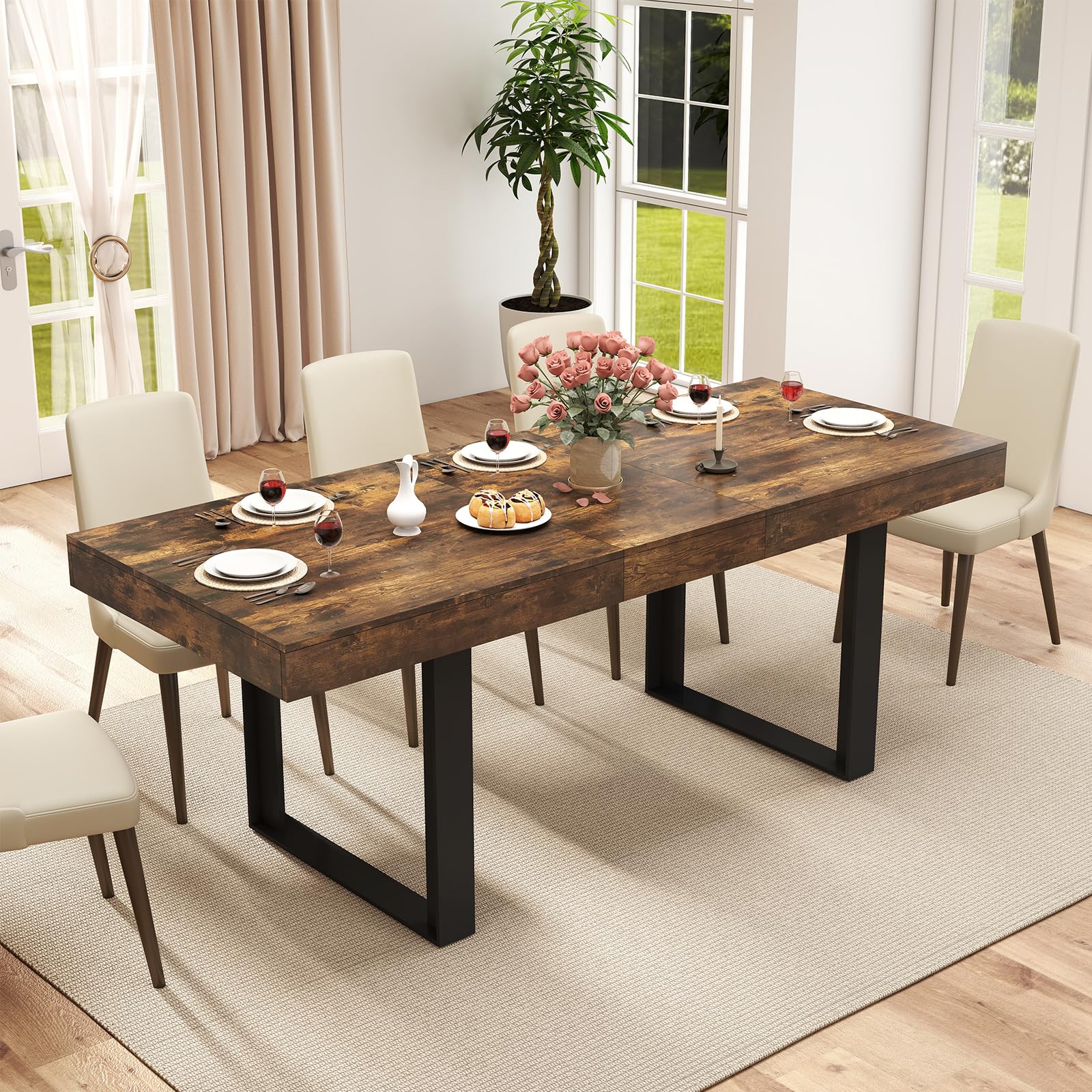Photo 1 of ****It is used, it is missing a part, it is not known if it works 100%.***Zevemomo 63"-78.7" Expandable Dining Table, 6-10 Farmhouse Kitchen Table, Extendable Dining Table, Rectangular Kitchen Table with Metal Track, Tapered U-Shaped Leg for Dining Room,O