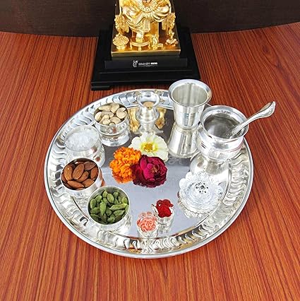 GoldGiftIdeas Silver-Plated Sarovar Pooja Thali Set (Silver_11.8 Inch X 11.8 Inch X 1.9 Inch)