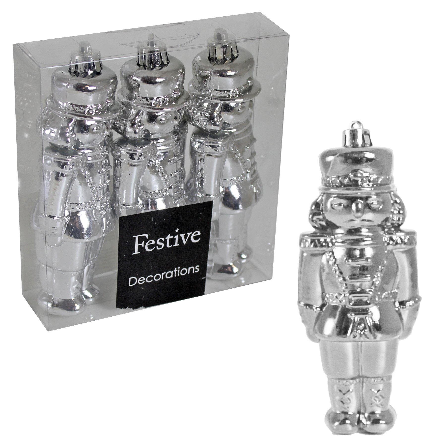 Festive Christmas Decoration 3 Pack 12cm Shiny Nutcracker Style Figurines - Silver