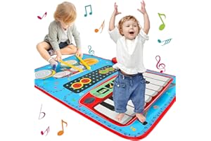 Popsunny 1 Year Old Boy Girl Birthday Gift, Music Mat for Toddlers 1-3, 2-in-1 Music Learning Toys for Baby Ages 1-3 with Piano & Drum Mat(Blue)