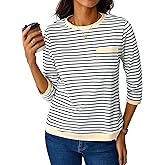 LilyCoco Womens 3/4 Length Sleeve Tops Striped Boatneck Shirt Breton French Cotton Tees