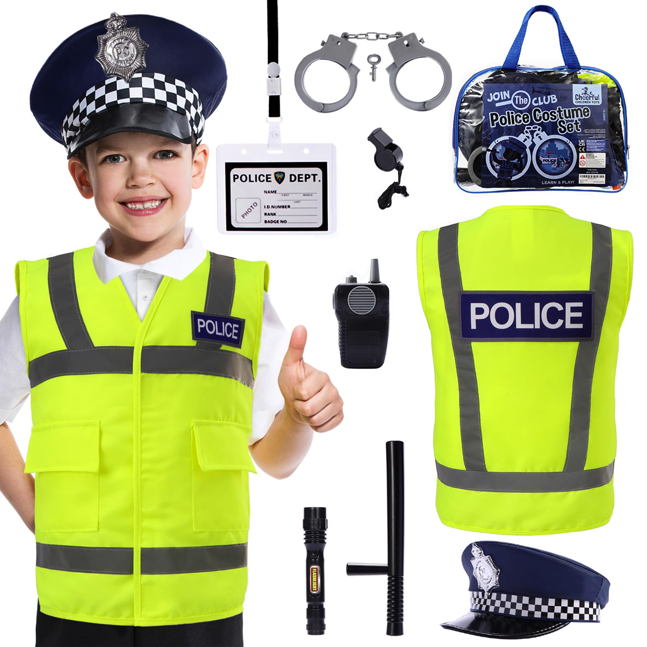 Cheerful Children Toys Kids Police Costume - 10 Pcs Police Officer Outfit Dress Up - Ideal for Boys & Girls Aged 3-7 - Include Vest & Hat - Kids Fancy Dress for Roleplay, Halloween, & STEM Learning
