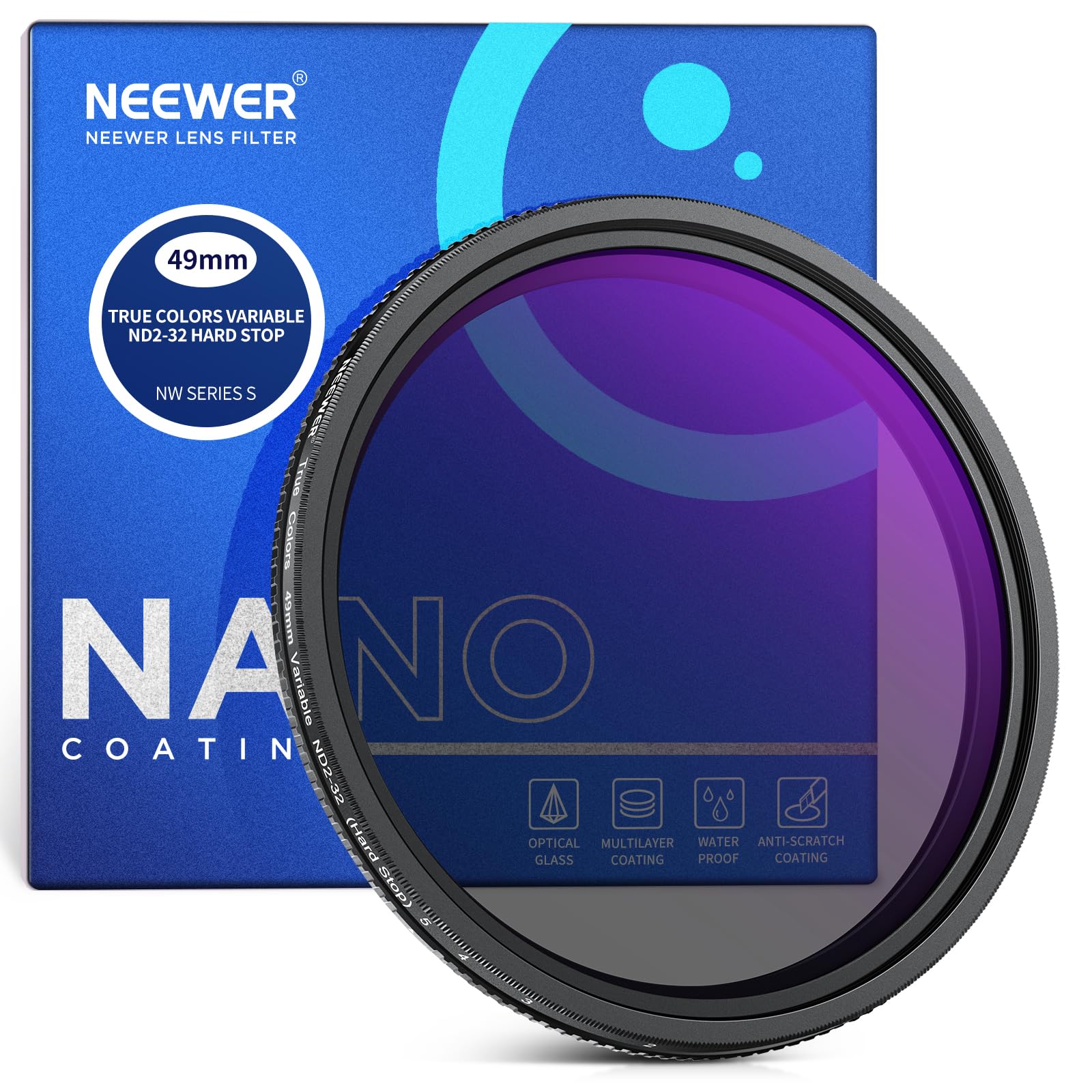 NEEWER 49mm True Colors Hard Stop Variable ND Filter ND2-32 (1-5 Stops) Limited Neutral Density Filter, Multi Coated HD Optical Glass/No X Cross/Aluminum Frame/Water/Scratch/Fingerprint Resistant