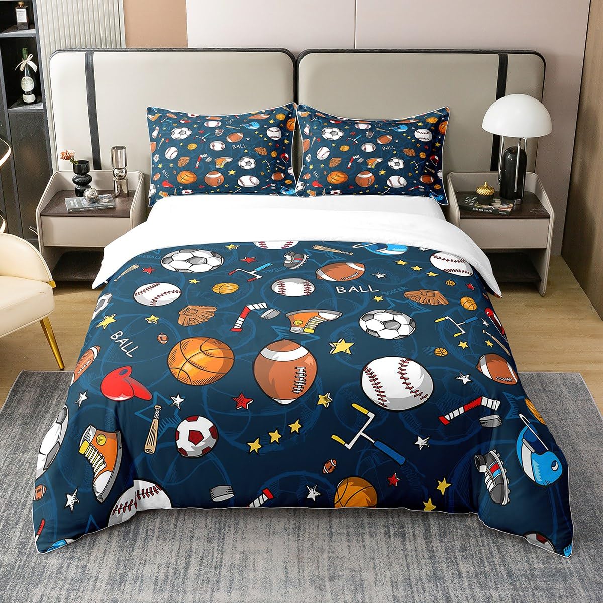 Sports Theme 100% Cotton Duvet Cover 3D Blue Ball Bedding 100% Cotton Set Baseball Football Basketball for Kids Microfiber Competitive Games Duvet Set Room Decor Quilt Cover Double Size Zipper — image 1