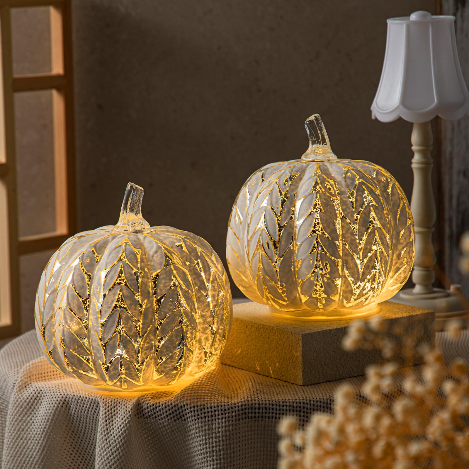 Photo 1 of Glooglitter 2 Pcs Glass Light up Pumpkin Decor with Timer Fall Table Centerpieces Mercury Glass LED Battery Operated Pumpkin for Autumn Halloween Thanksgiving Home Table Centerpieces Kitchen Indoors