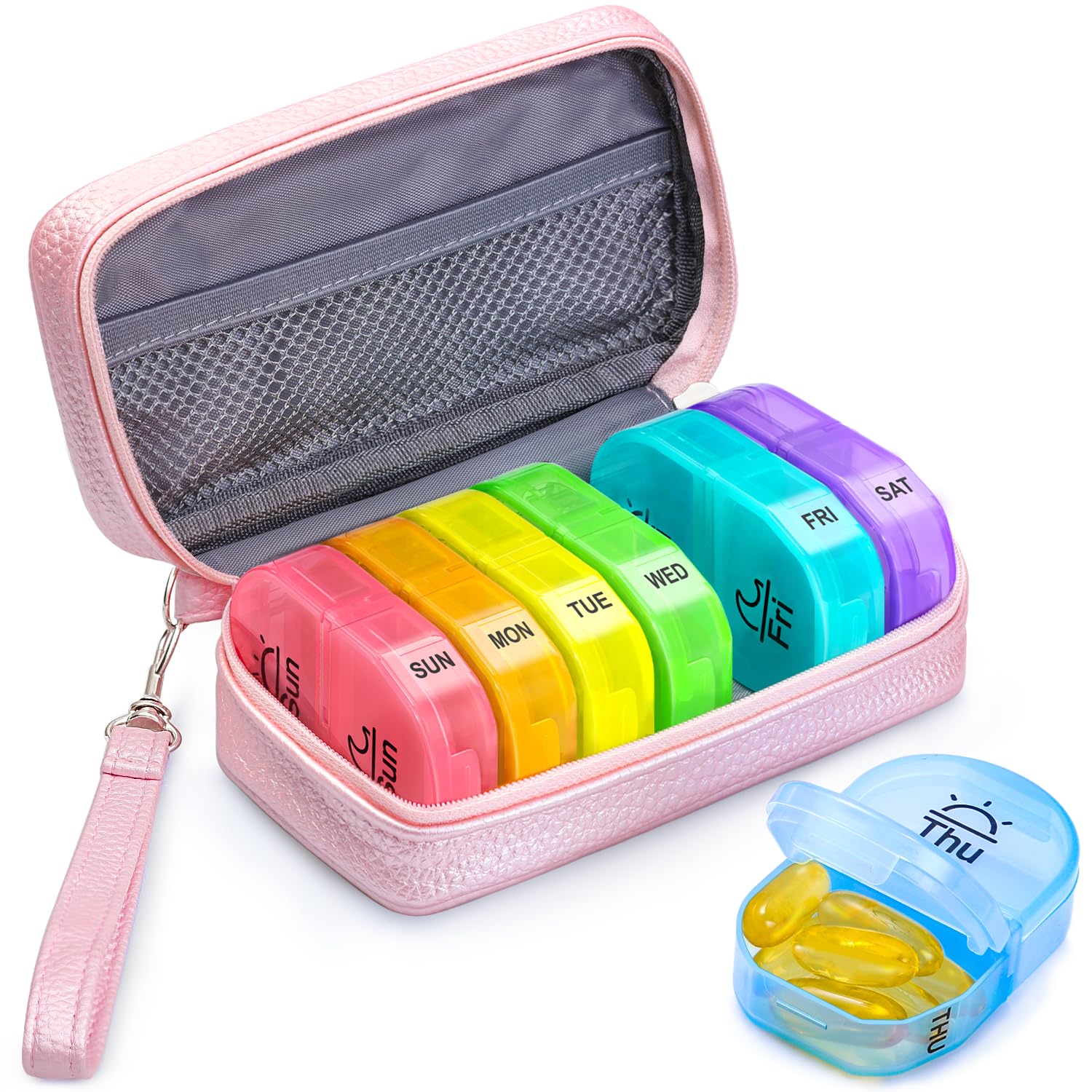 AUVON Weekly Pill Organiser with Pink PU Leather Bag for Dual Protection, Large Pill Boxes 7 Day 2 Times a Day with Removable Design for Travel, Tablet Organiser for Medications, Vitamins, Fish Oils