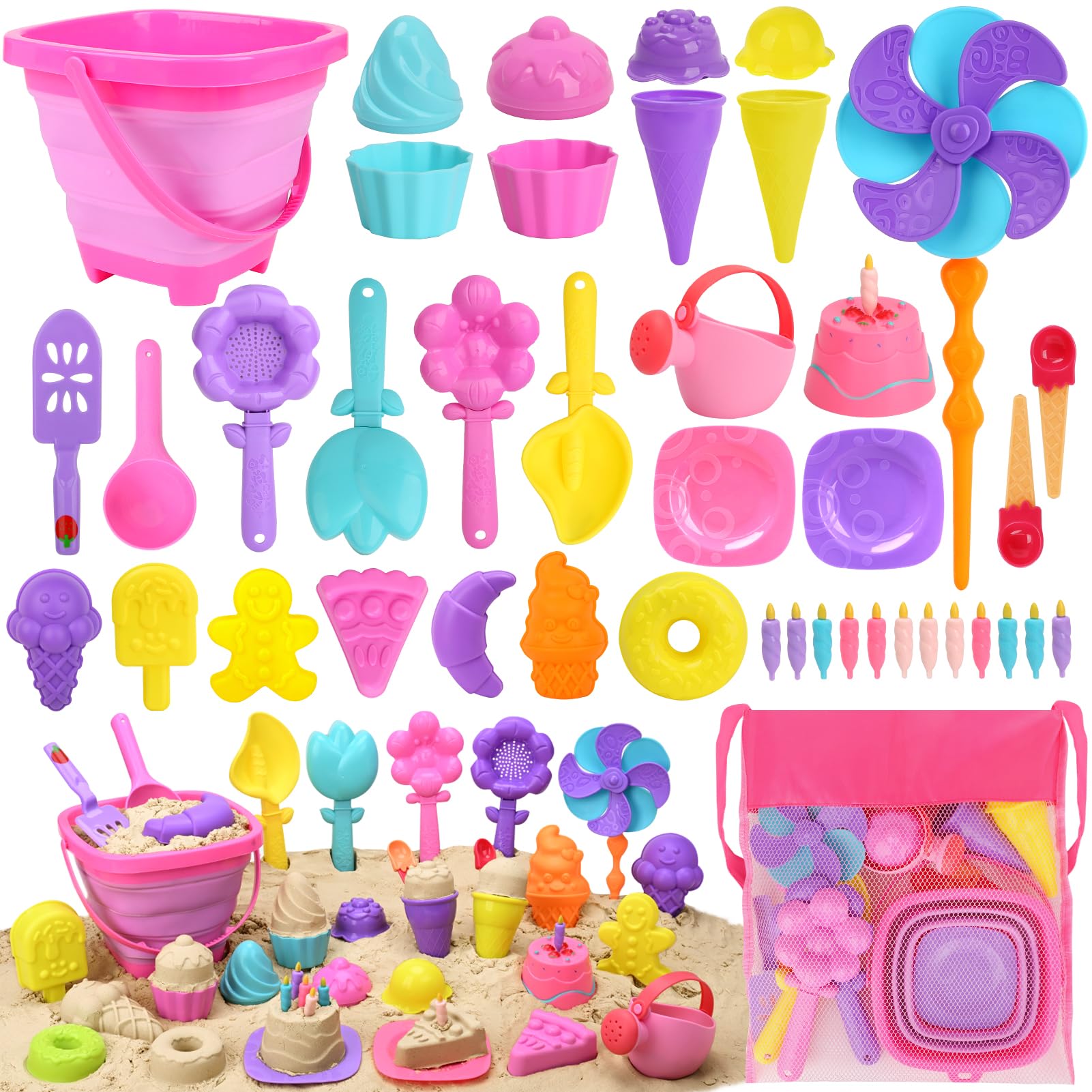 Joyreal 46 PCS Ice Cream Beach Toys - Sand Pit Toys with Collapsible Bucket and Spade Beach Set Kids with Shovel Tool Kits Storage Mesh Bag for Toddlers Boys Girls
