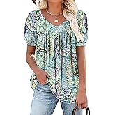 ROSELINLIN Womens Ruffle Sleeve Tunic Tops V Neck Loose Fit Short Sleeve Summer Shirts